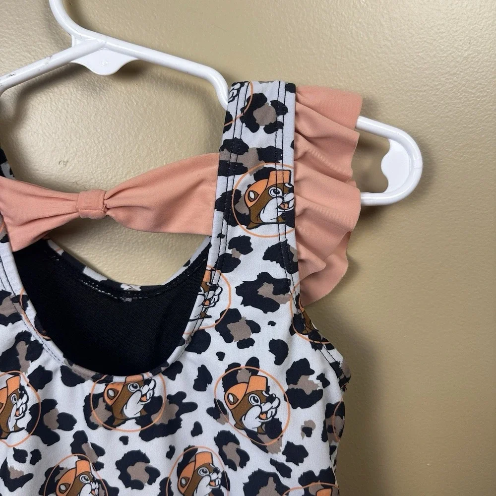 Buc-ee's 2T Baby Girl Leopard Print Beaver Logo Swimsuit‎ Ruffles & Bow